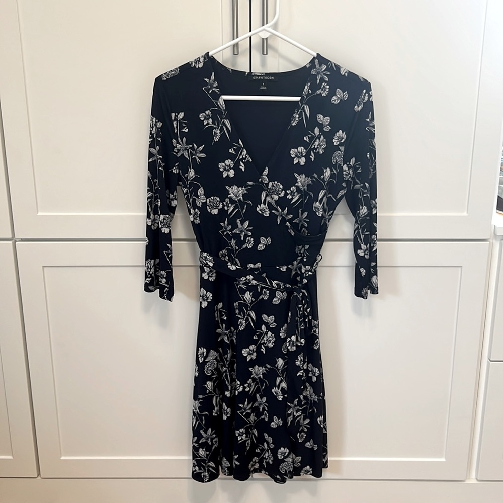 Navy floral faux wrap dress